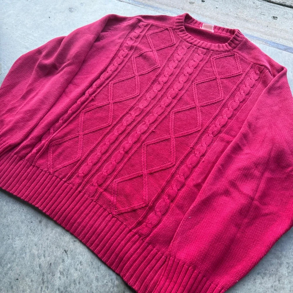 Vintage Red Cable Knit Crew Neck Sweater Diamond Pattern Large Pullover